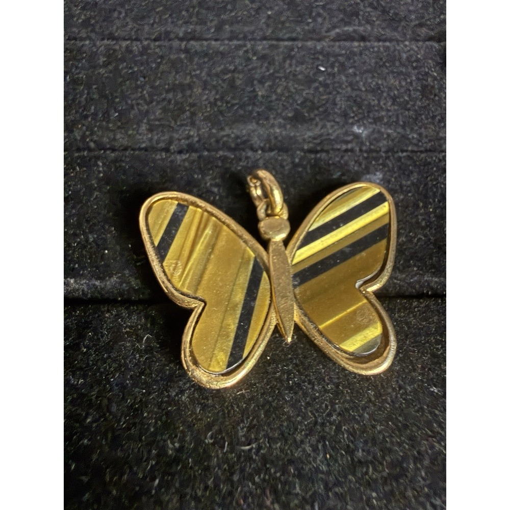 Vintage Crown Trifari Faux Tiger's Eye Enamel Butterfly Pendant Gold Tone Signed